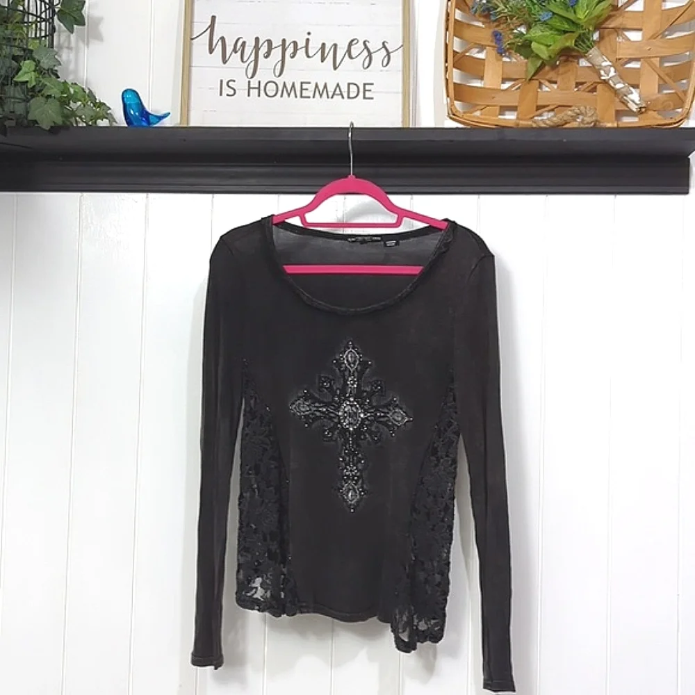 Miss Me Lace Cross Long Sleeve Shirt